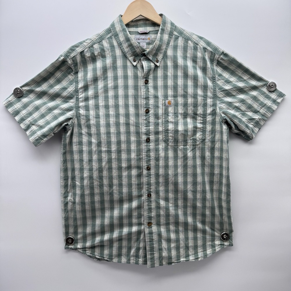 Carhartt Relaxed Fit Plaid Short Sleeve Shirt Mens Large Green White Button Down - Picture 2 of 10